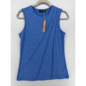EasyGala Tank Top Womens Small Blue Pleated Pintuck Sleeveless Crew Neck NWT